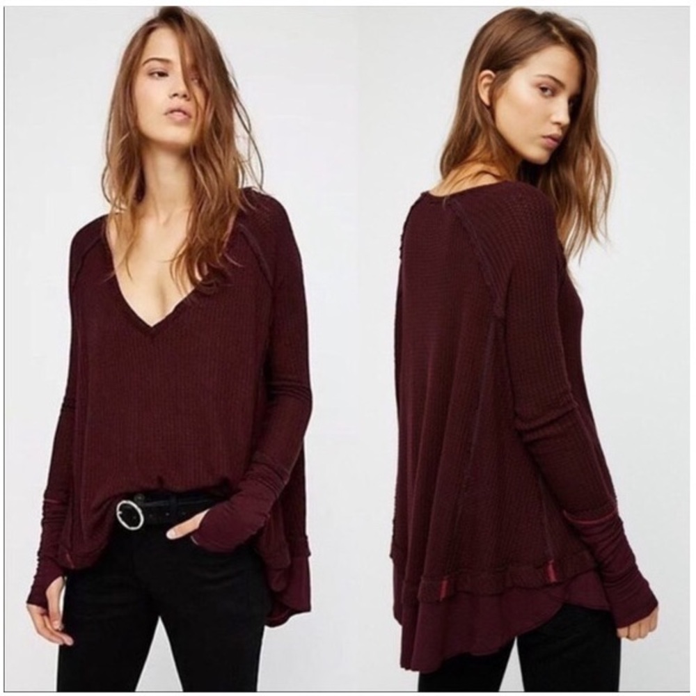 🤎 FREE PEOPLE Laguna Thermal Long Sleeve Top Burgandy Size XS 🤎